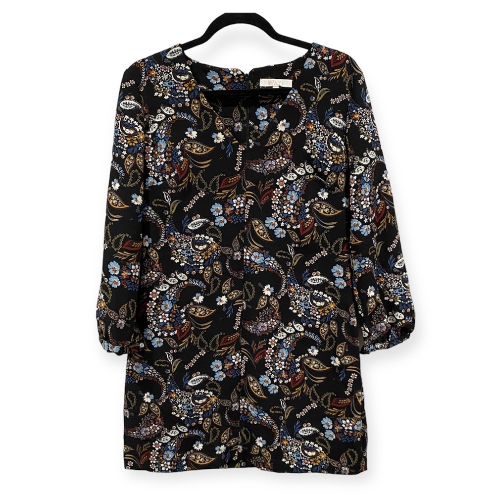 Wayf Floral Paisley Long Sleeve V-Neck Shift Dress Black Small